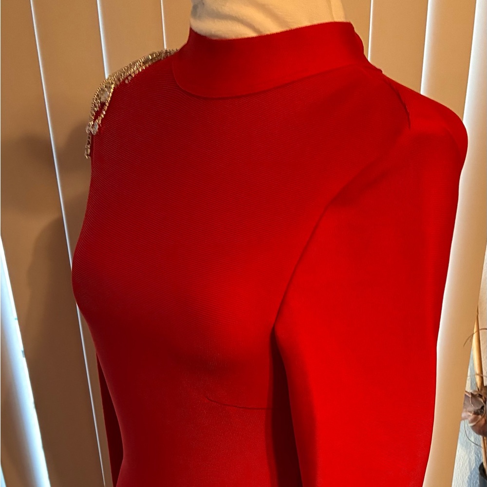 Elegant Red Pencil Dress with Embellishments
